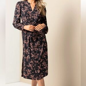 Black Floral Midi Dress – Long Sleeve Tie Waist Dress | Elegant & Feminine